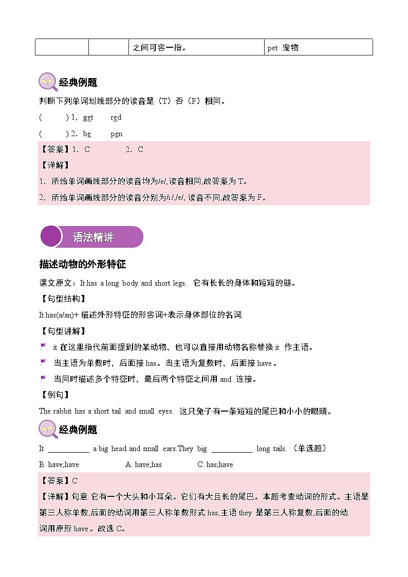 【寒假衔接讲义】人教版PEP(2024) 小学英语 三年级下册 寒假预习知识讲义 Unit2第1课时 PartA（教师版）第3页