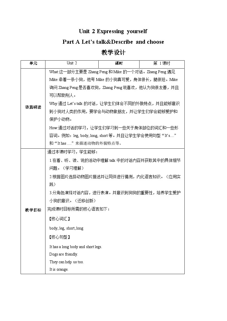 人教PEP版2024英语三年级下册unit2Expressing yourself第1课时（教学设计）Part A Let's talk&Describe and choose第1页