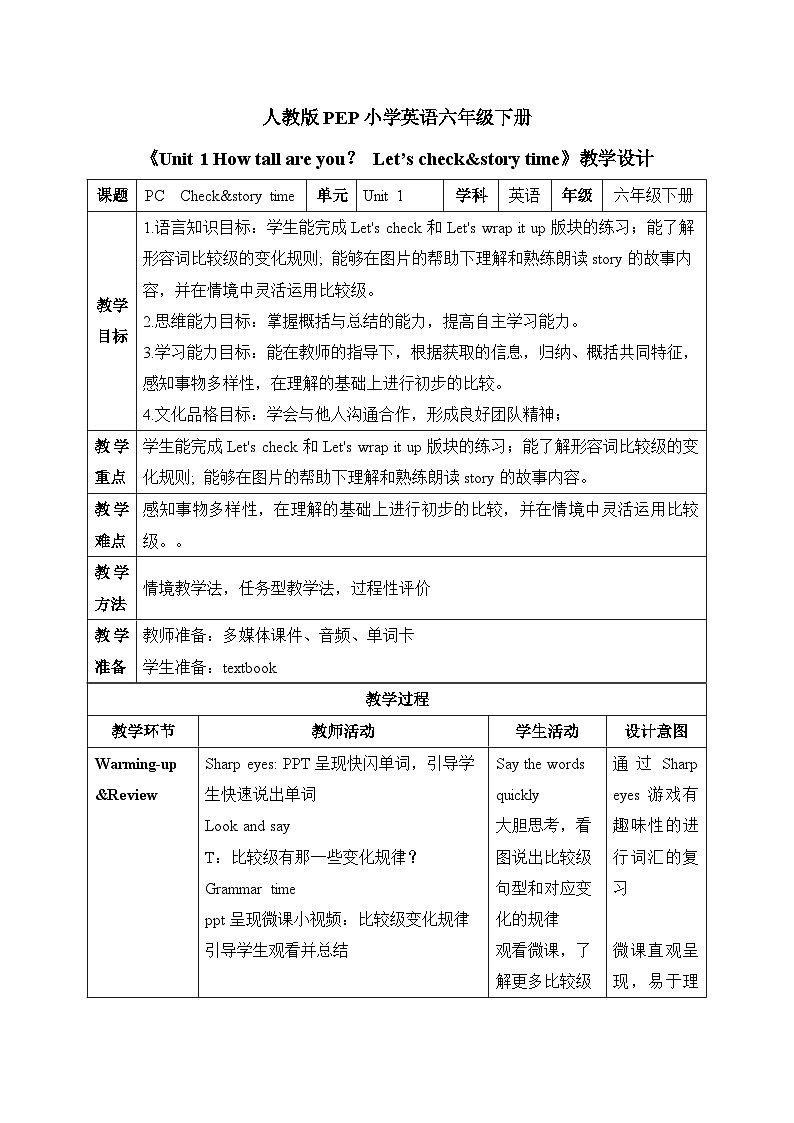 【核心素养-精品公开课】PEP版小学英语六年级下册 《Unit 1 How tall are you  PCstory time&Check》教案（含板书+反思）第1页