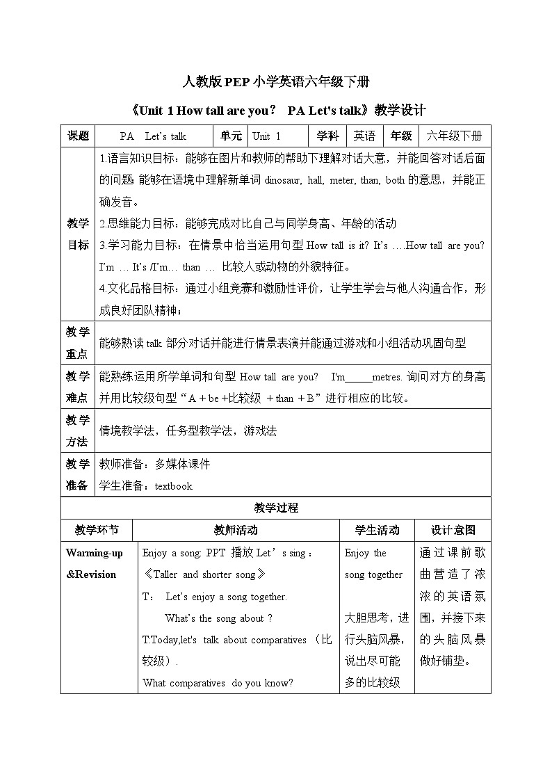 【核心素养-精品公开课】PEP版小学英语六年级下册 《Unit 1 How tall are you PA Let's talk》教案（含板书+反思）第1页