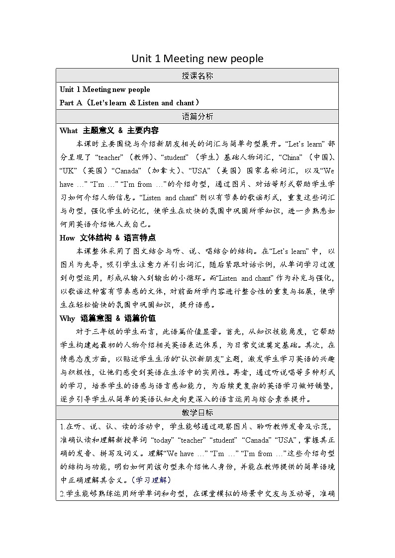 Unit 1 Meeting new people Part A（Let’s learn ）（教案）-2024-2025学年人教PEP版（2024）英语三年级下册第1页