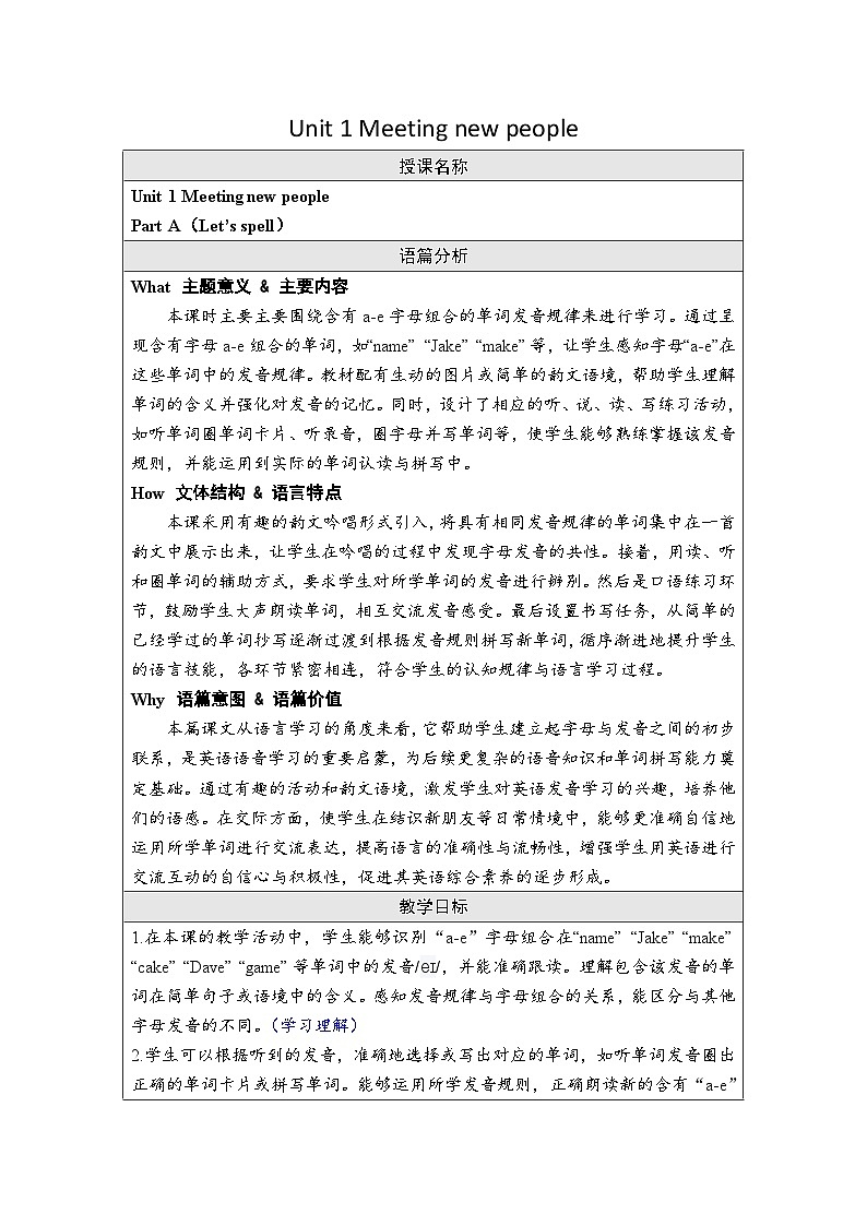 Unit 1 Meeting new people Part A（Let’s spell）（教案）-2024-2025学年人教PEP版（2024）英语三年级下册第1页