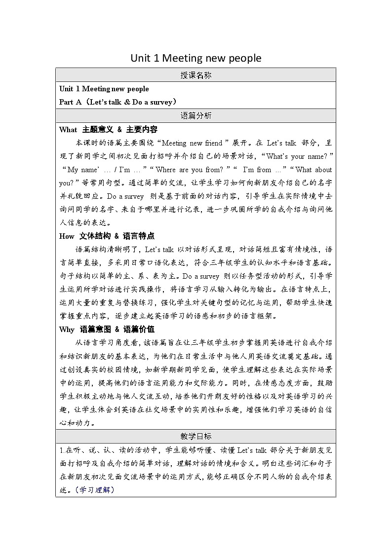 Unit 1 Meeting new people Part A（Let’s talk ）（教案）-2024-2025学年人教PEP版（2024）英语三年级下册第1页