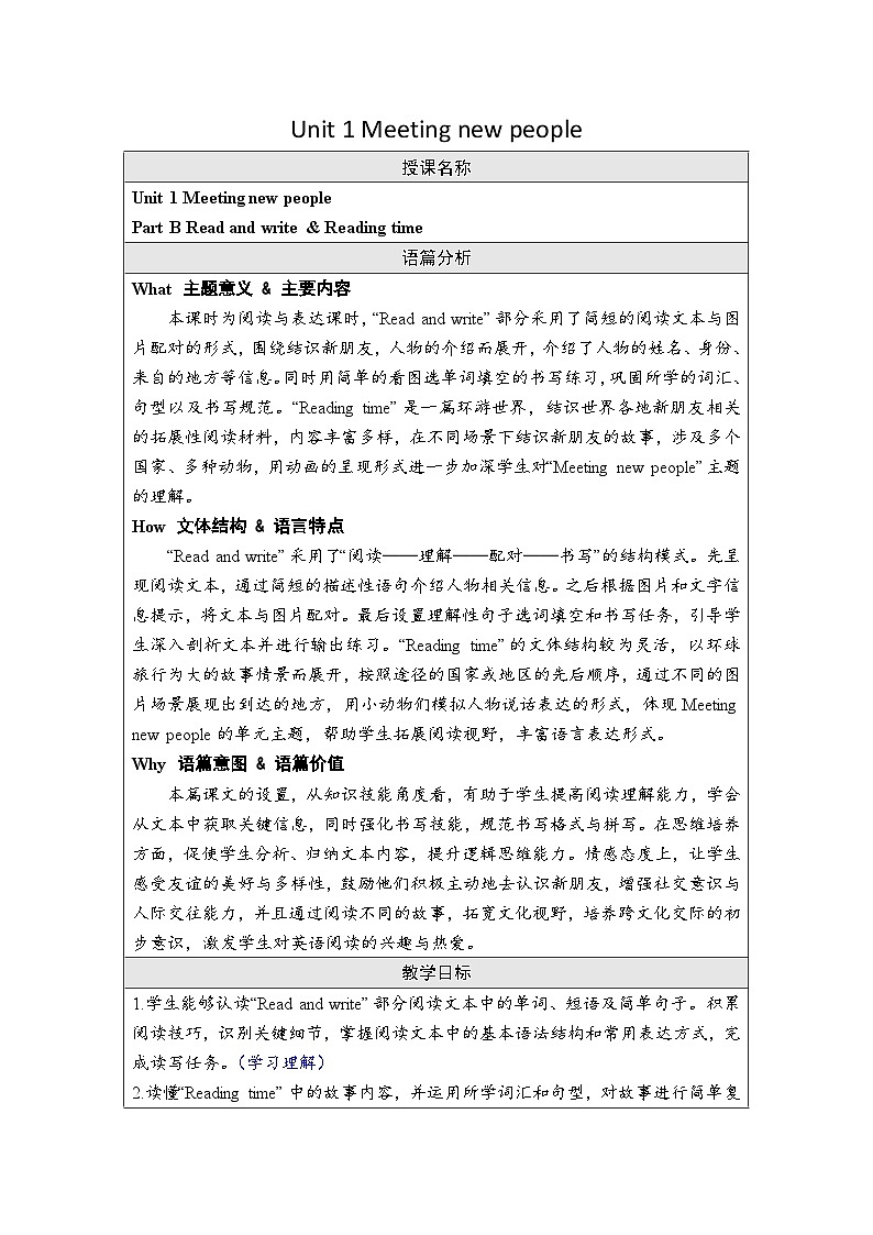 Unit 1 Meeting new people Part B Read and write （教案）-2024-2025学年人教PEP版（2024）英语三年级下册第1页