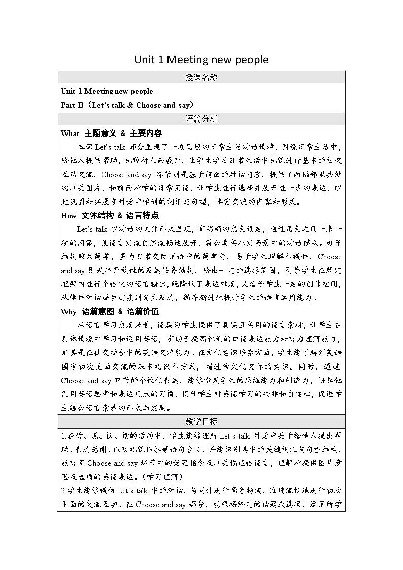Unit 1 Meeting new people Part B（Let’s talk ）（教案）-2024-2025学年人教PEP版（2024）英语三年级下册第1页