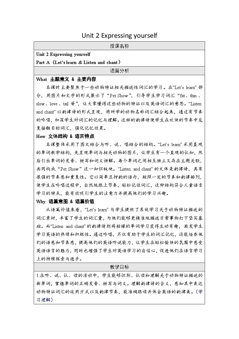 Unit 2 Expressing yourself Part A（Let’s learn ）（教案）-2024-2025学年人教PEP版（2024）英语三年级下册第1页