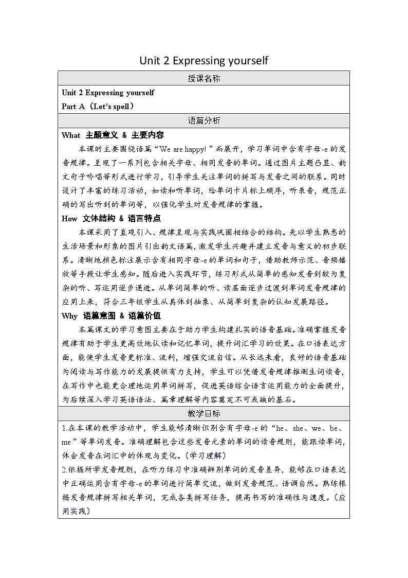 Unit 2 Expressing yourself Part A（Let’s spell）（教案）-2024-2025学年人教PEP版（2024）英语三年级下册第1页