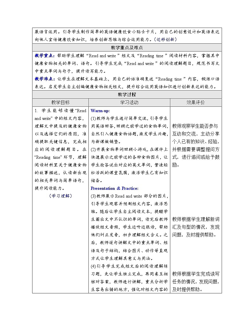 Unit 4 Healthy food Part B Read and write （教案）-2024-2025学年人教PEP版（2024）英语三年级下册第2页