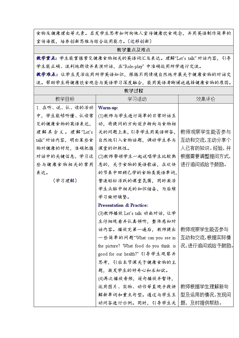 Unit 4 Healthy food Part B（Let’s talk & Role-play）（教案）-2024-2025学年人教PEP版（2024）英语三年级下册第2页
