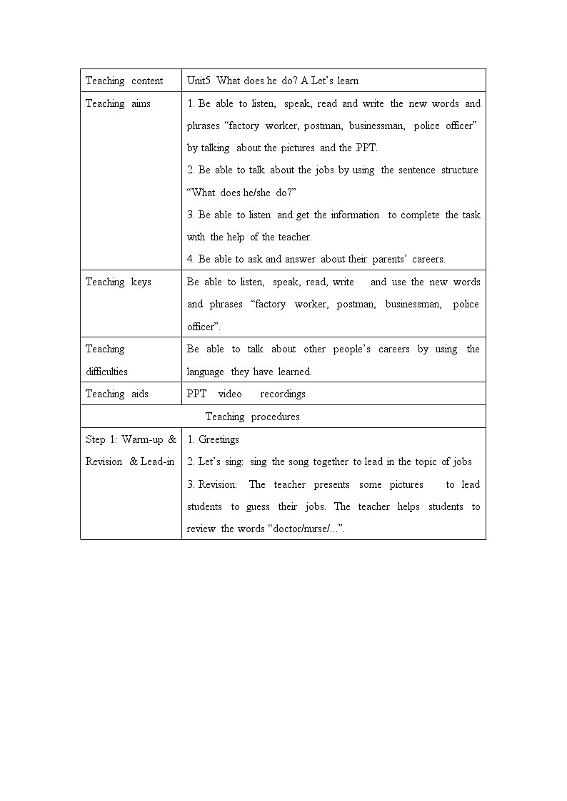 Unit 5 What does he do？A  Let's learn （教案）人教PEP版英语六年级上册第1页