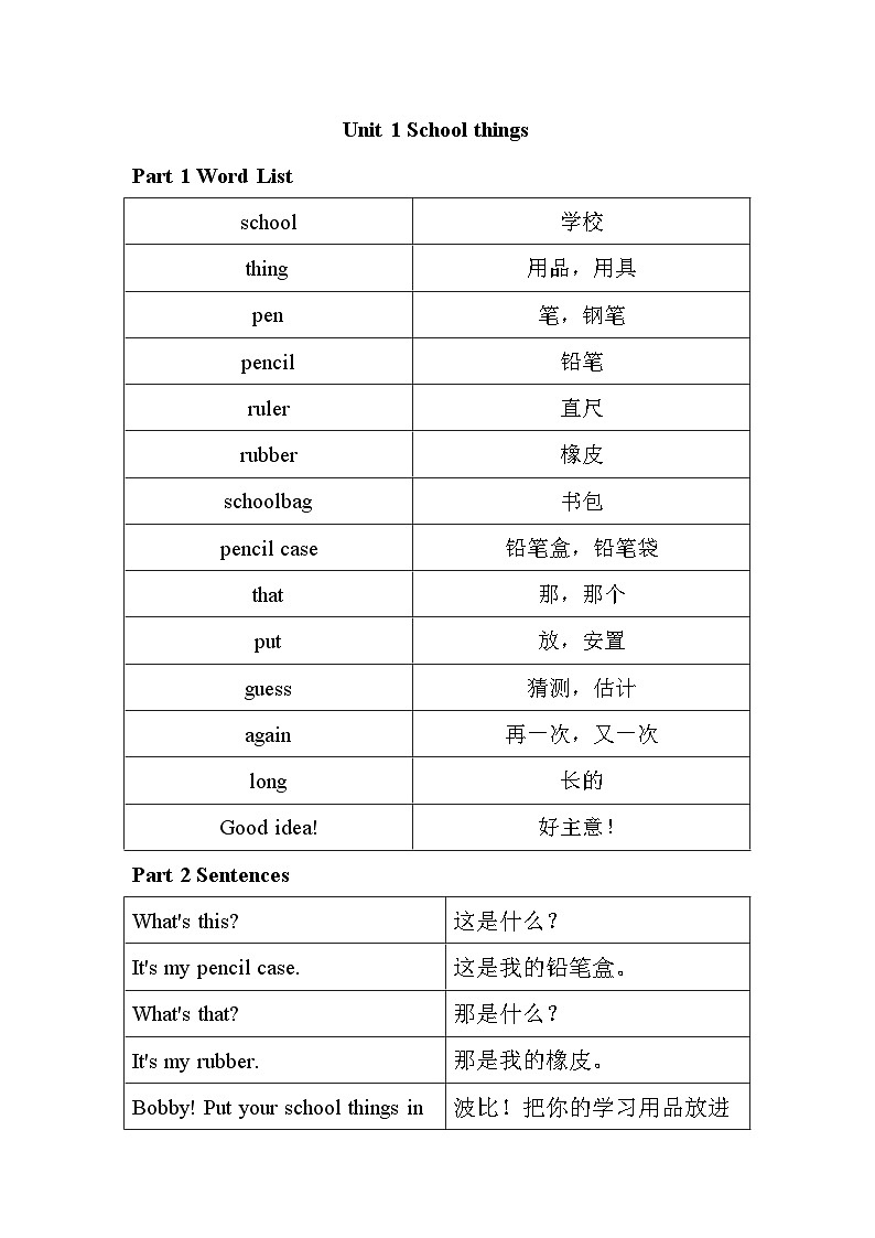 新译林版三年级下册英语Unit 1 School things知识清单第1页