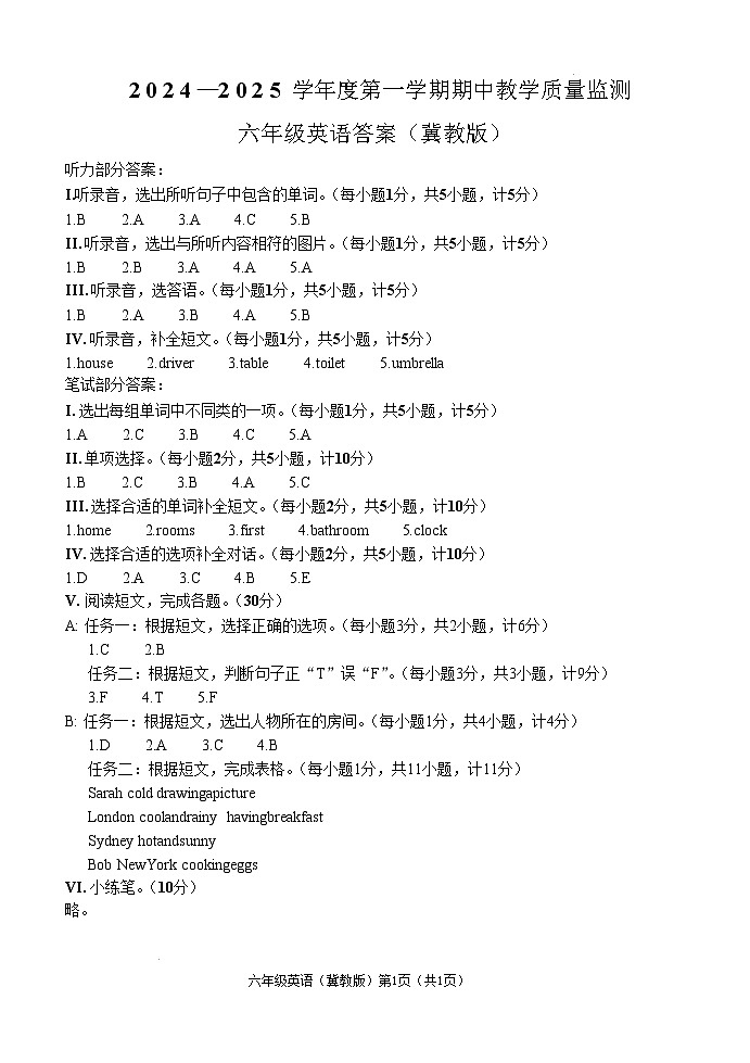 冀教英语六年级期中答案第1页