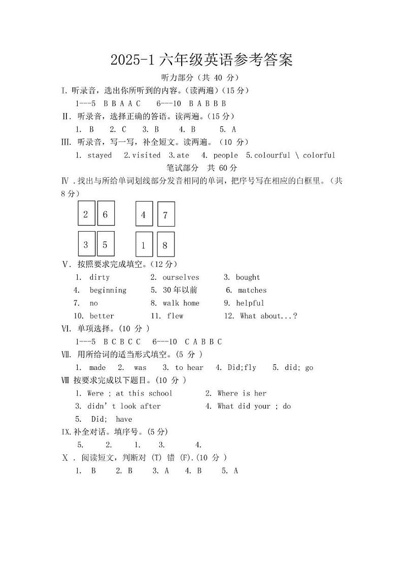 陕西省三原县2024~2025学年度六年级第一学期期末考试试题及答案 2025-1六年级英语参考答案第1页