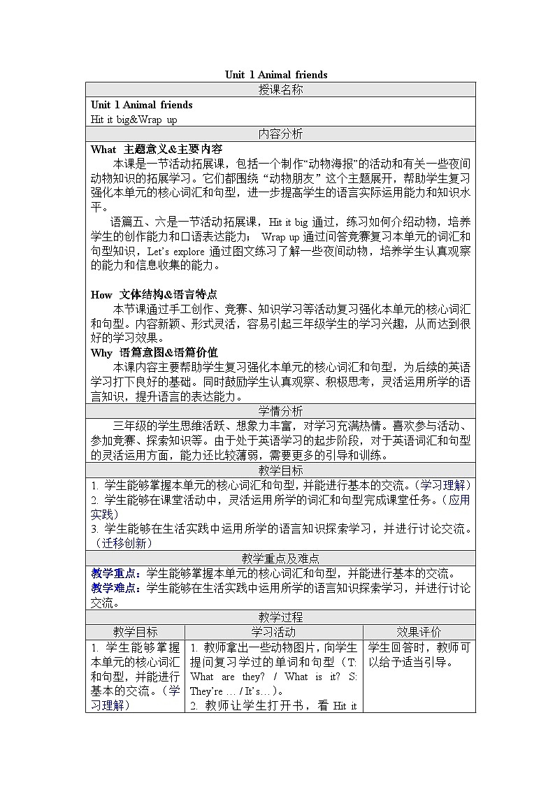 Unit 1 Animal friends.Hit it big&Wrap up（教学设计） -2024－2025学年外研版（三起2024）英语三年级下册第1页