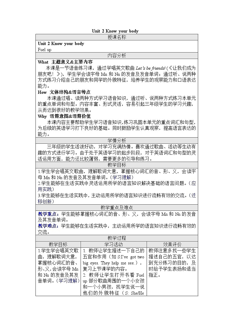 Unit 2 Know your body.Fuel up（教学设计） -2024－2025学年外研版（三起2024）英语三年级下册第1页