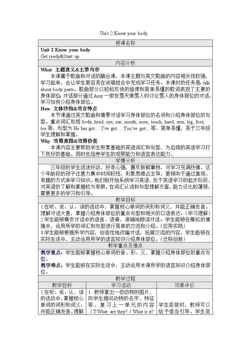 Unit 2 Know your body.Get ready&Start up（教学设计） -2024－2025学年外研版（三起2024）英语三年级下册第1页