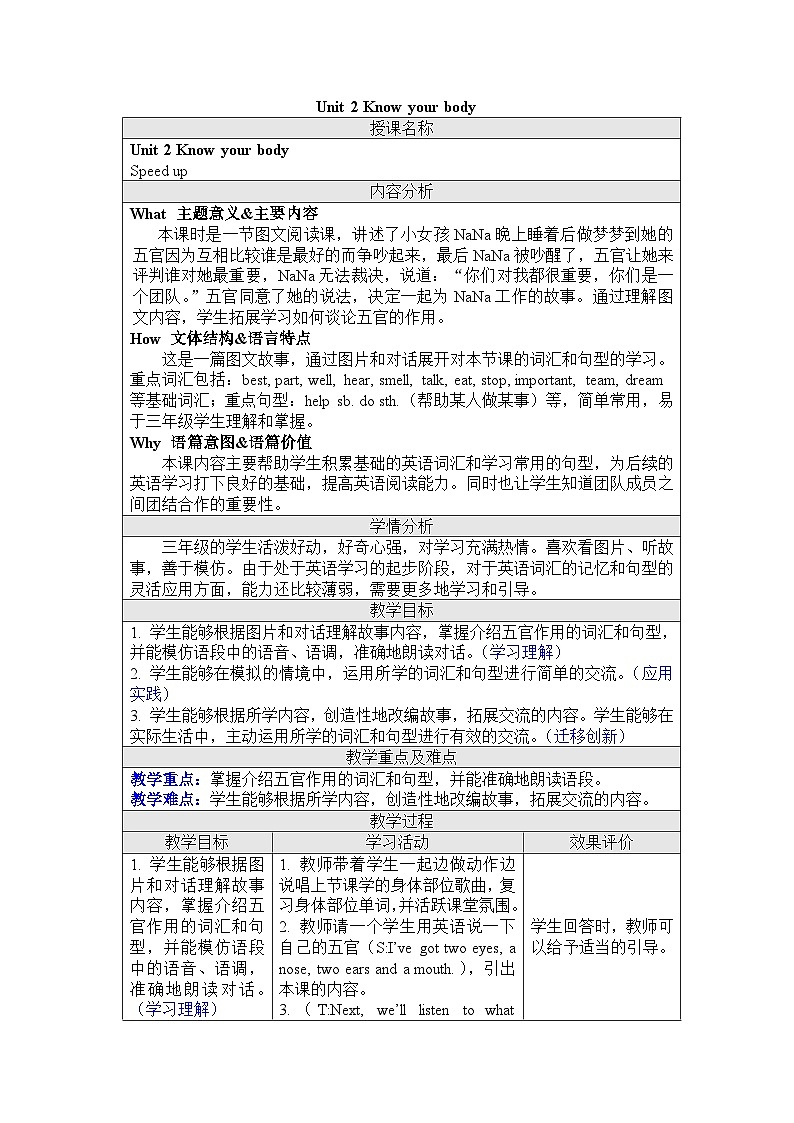 Unit 2 Know your body.Speed up（教学设计） -2024－2025学年外研版（三起2024）英语三年级下册第1页