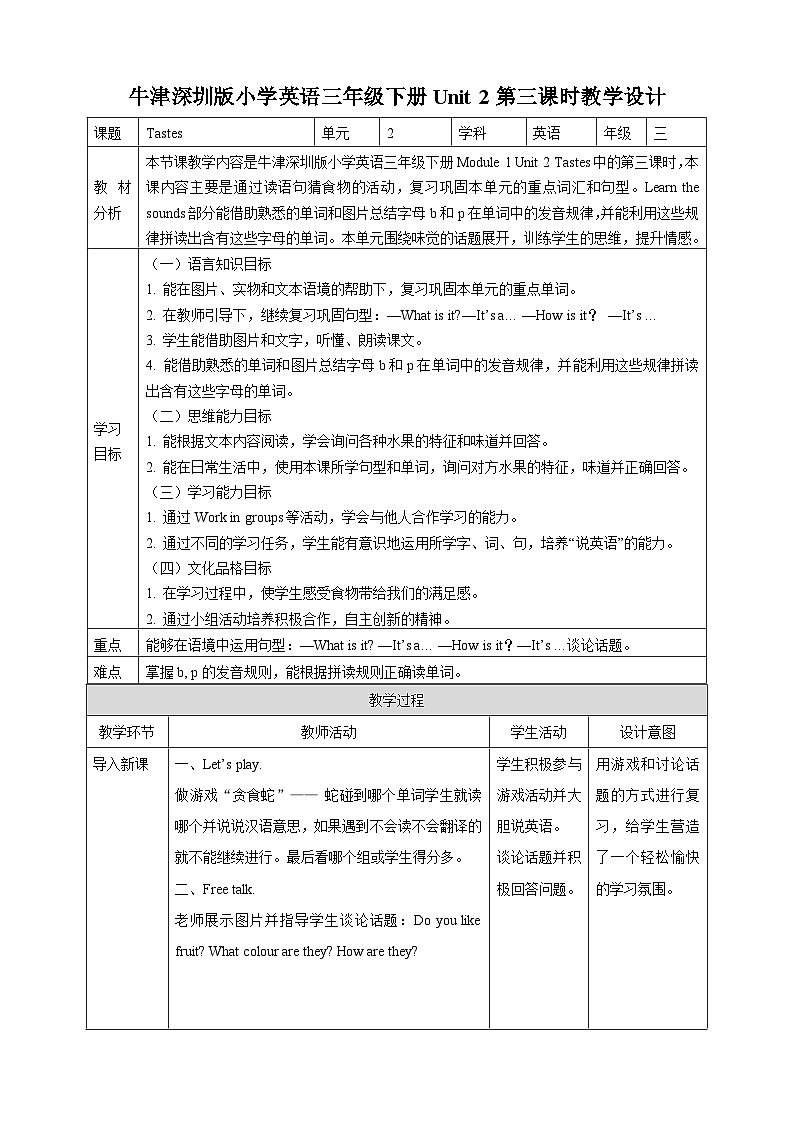 沪教牛津版（六三制一起）英语三下 Unit 2《Tastes》Look and read Learn the sounds 教案第1页