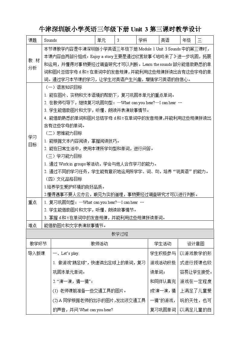 沪教牛津版（六三制一起）英语三下 Unit 3《Sounds》Enjoy a story Learn the sounds 教案第1页