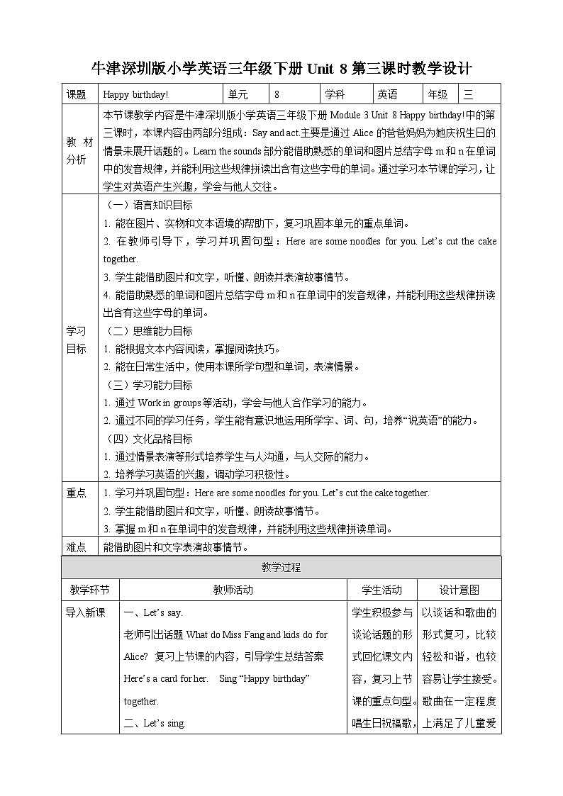 沪教牛津版（六三制一起）英语三下 Unit 8 Happy birthday! Say and act Learn the sounds 教案第1页
