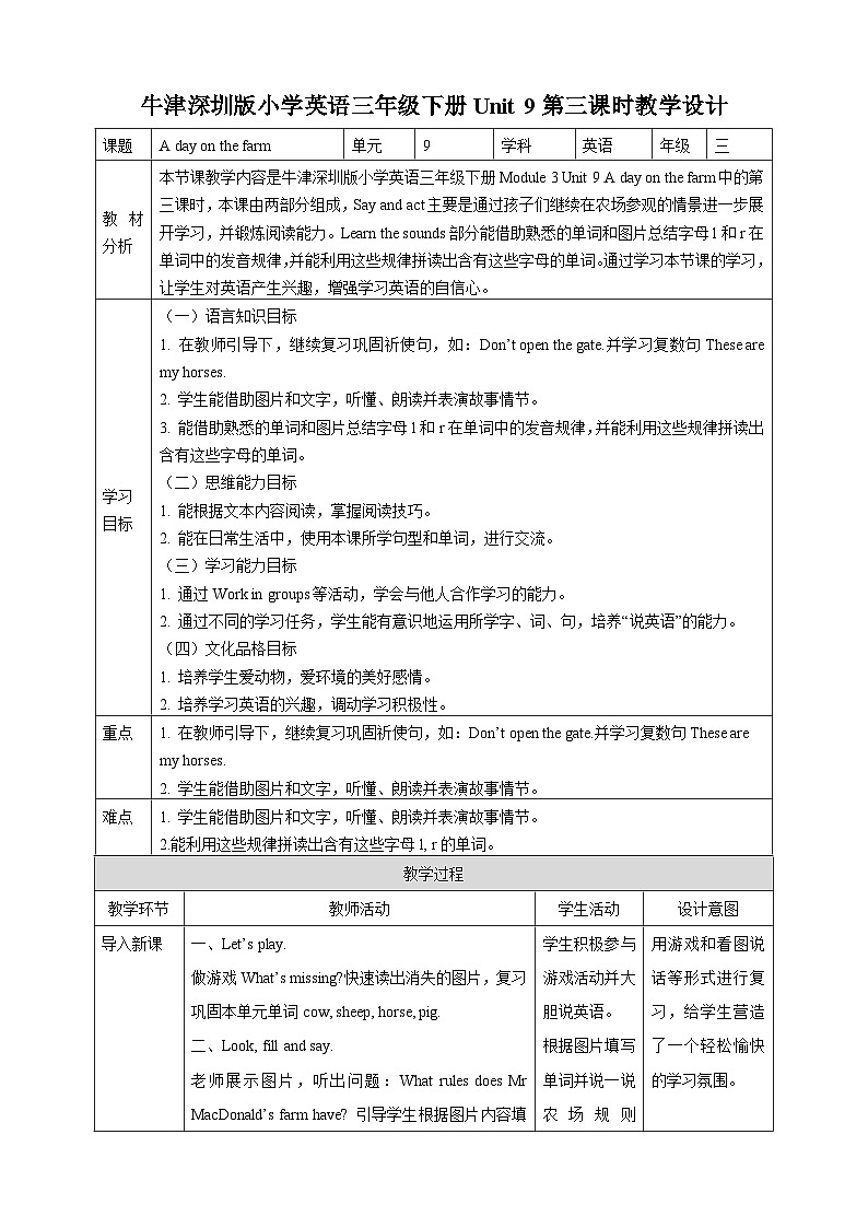 沪教牛津版（六三制一起）英语三下 Unit 9《A day on the farm》Learn the sounds  教案第1页