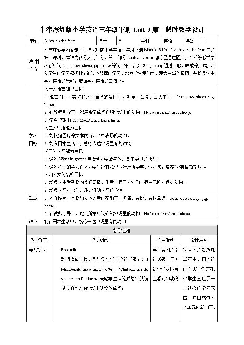 沪教牛津版（六三制一起）英语三下 Unit 9《A day on the farm》Look and learn  教案第1页