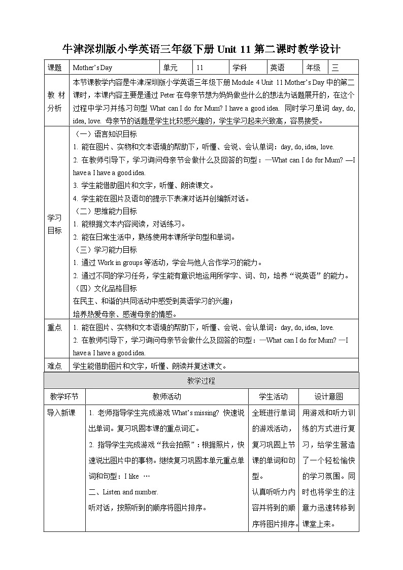 沪教牛津版（六三制一起）英语三下 Unit 11《Mother's Day》Listen and say Culture Corner 教案第1页