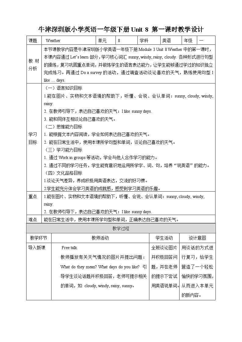 沪教牛津版（六三制一起）英语一下 Unit 8《Weather》Let's learn 教案第1页