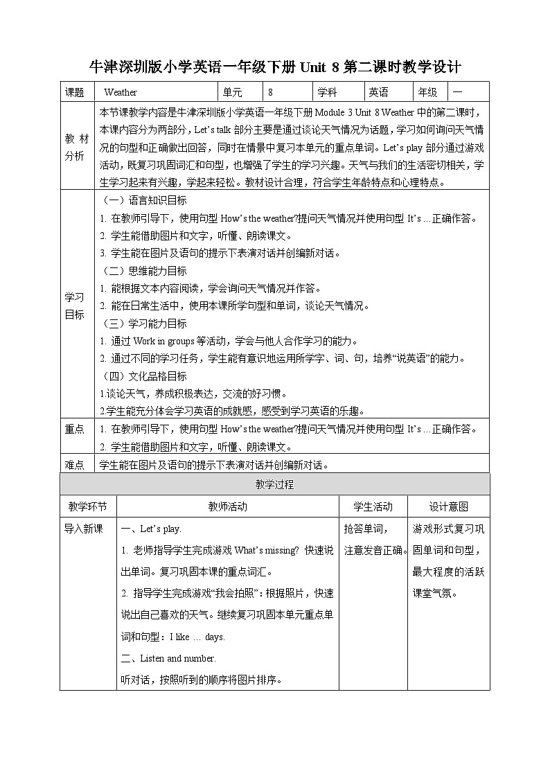 沪教牛津版（六三制一起）英语一下 Unit 8《Weather》Let's talk 教案第1页