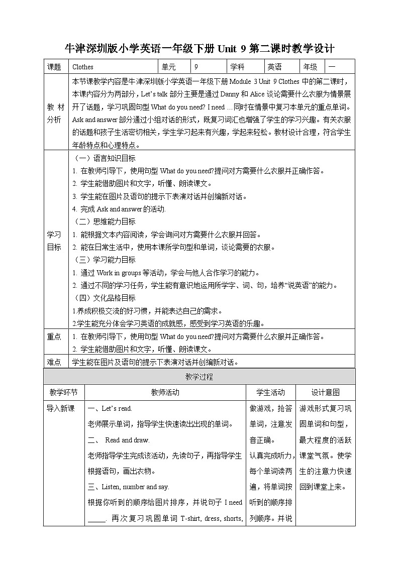 沪教牛津版（六三制一起）英语一下 Unit 9《Clothes》Let's talk Ask and answer 教案第1页