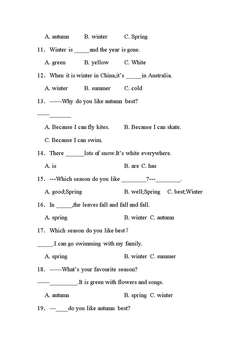 【语法练习】人教版(PEP)五年级英语下册专项突破练习-Unit 2  My favorite season（含答案）第2页