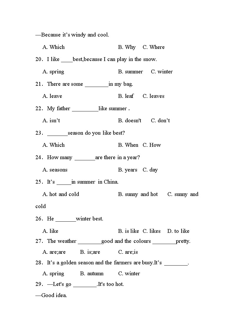 【语法练习】人教版(PEP)五年级英语下册专项突破练习-Unit 2  My favorite season（含答案）第3页