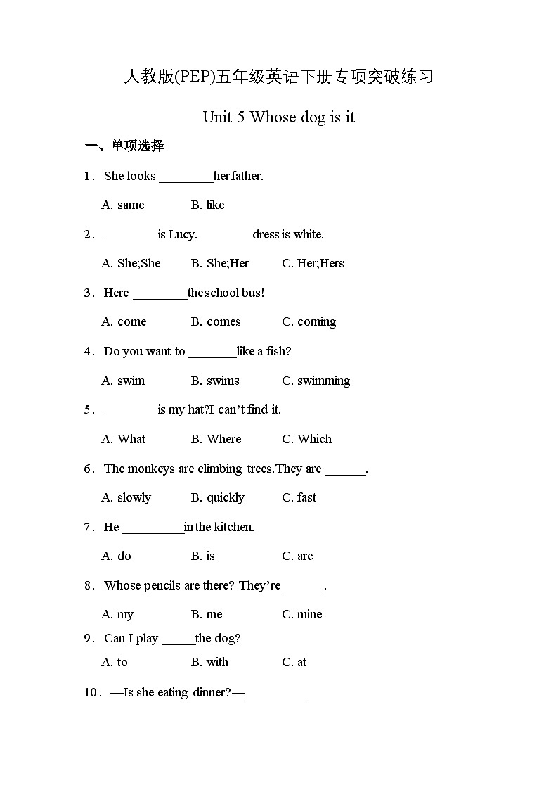 【语法练习】人教版(PEP)五年级英语下册专项突破练习-Unit 5 Whose dog is it（含答案）第1页