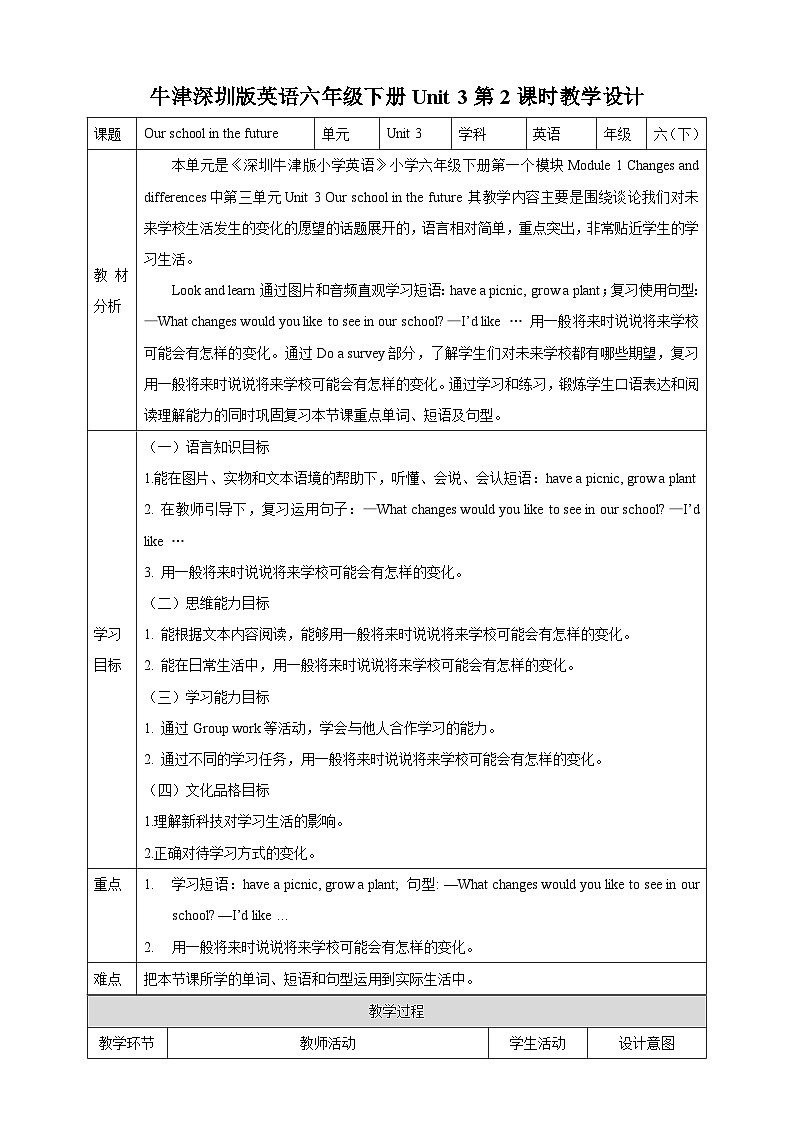 沪教牛津版（六三制一起）英语六下 Unit 3《Our school in the future》Look and learn Do a survey 教案第1页