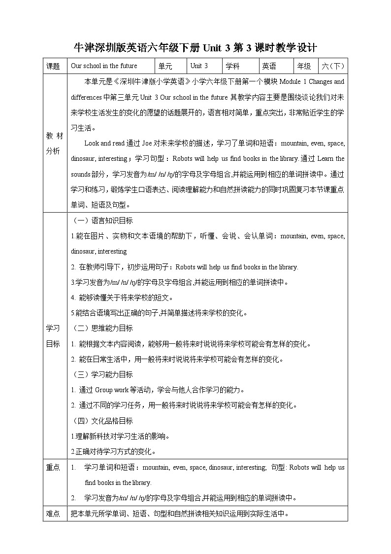 沪教牛津版（六三制一起）英语六下 Unit 3《Our school in the future》Look and read Learn the sounds 教案第1页