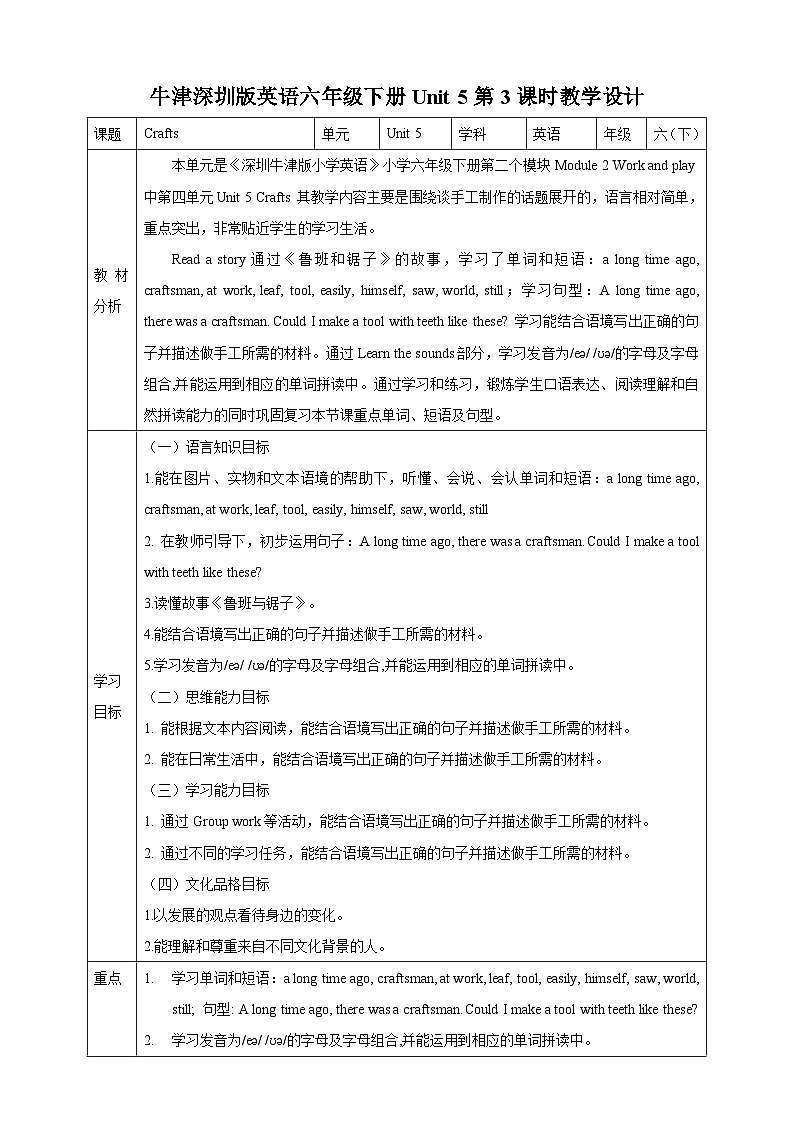 沪教牛津版（六三制一起）英语六下 Unit 5《Crafts》Read a story Learn the sounds 教案第1页