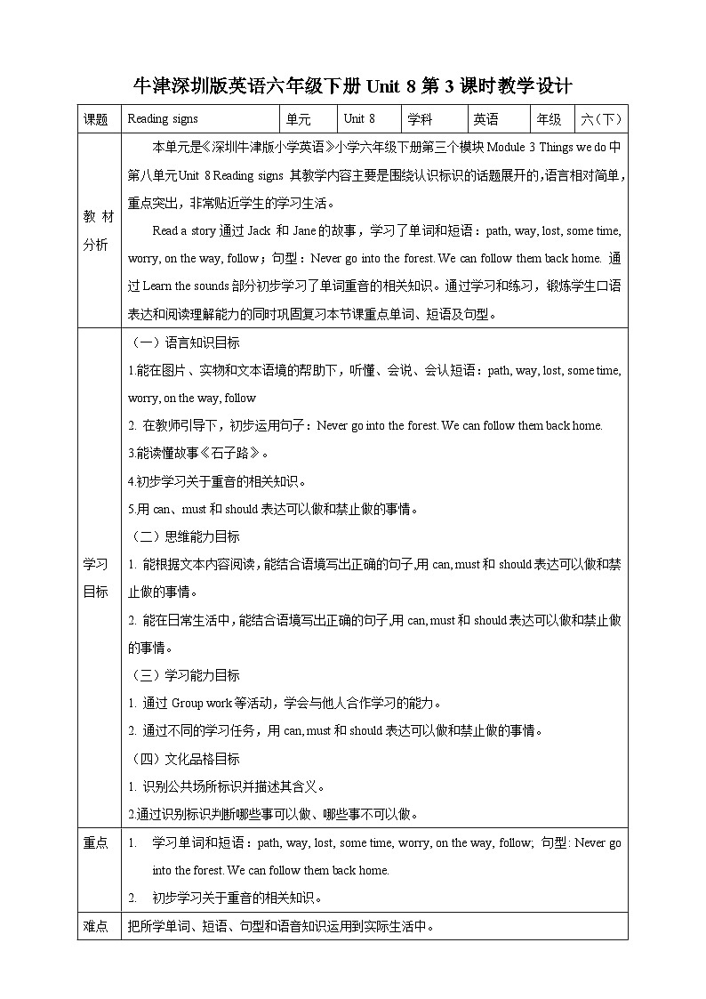 沪教牛津版（六三制一起）英语六下 Unit 8《Reading signs》Read a story Learn the sounds 教案第1页