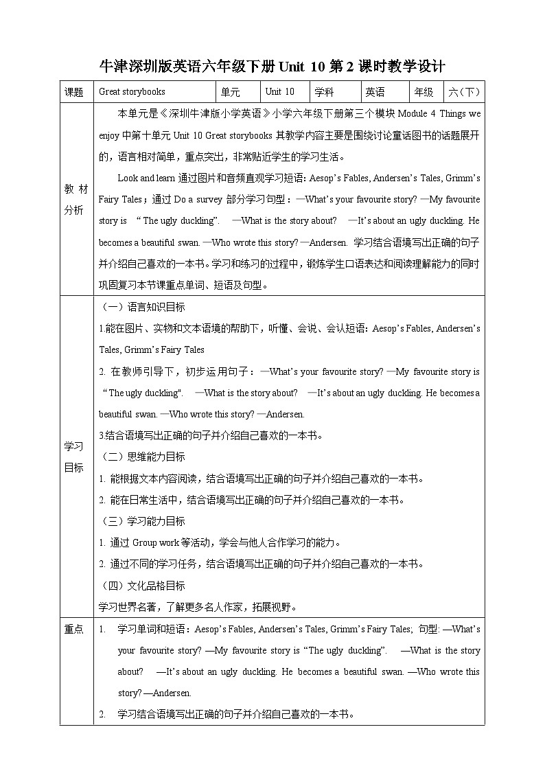 沪教牛津版（六三制一起）英语六下 Unit 10《Great storybooks》Look and learn Do a survey 教案第1页