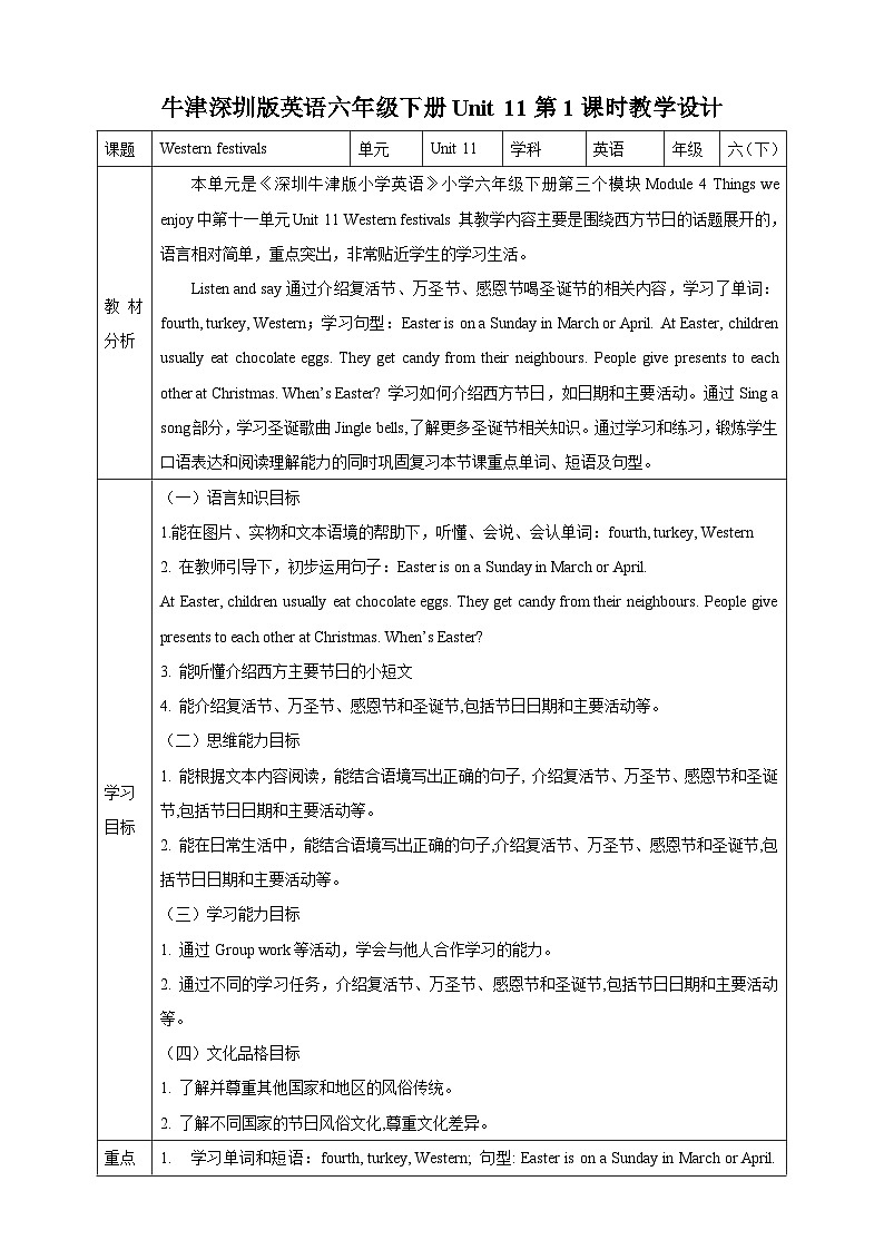 沪教牛津版（六三制一起）英语六下 Unit 11《Western festivals》 Listen and say Sing a song 教案第1页