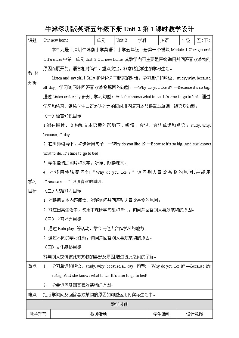 沪教牛津版（六三制一起）英语五下 Unit 2《Our new home Listen》and say Listen and enjoy 教案第1页