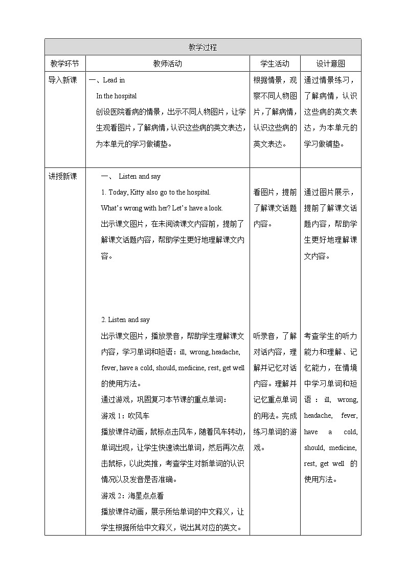 沪教牛津版（六三制一起）英语五下 Unit 9《Seeing the doctor》Listen and say Listen and enjoy 教案第2页