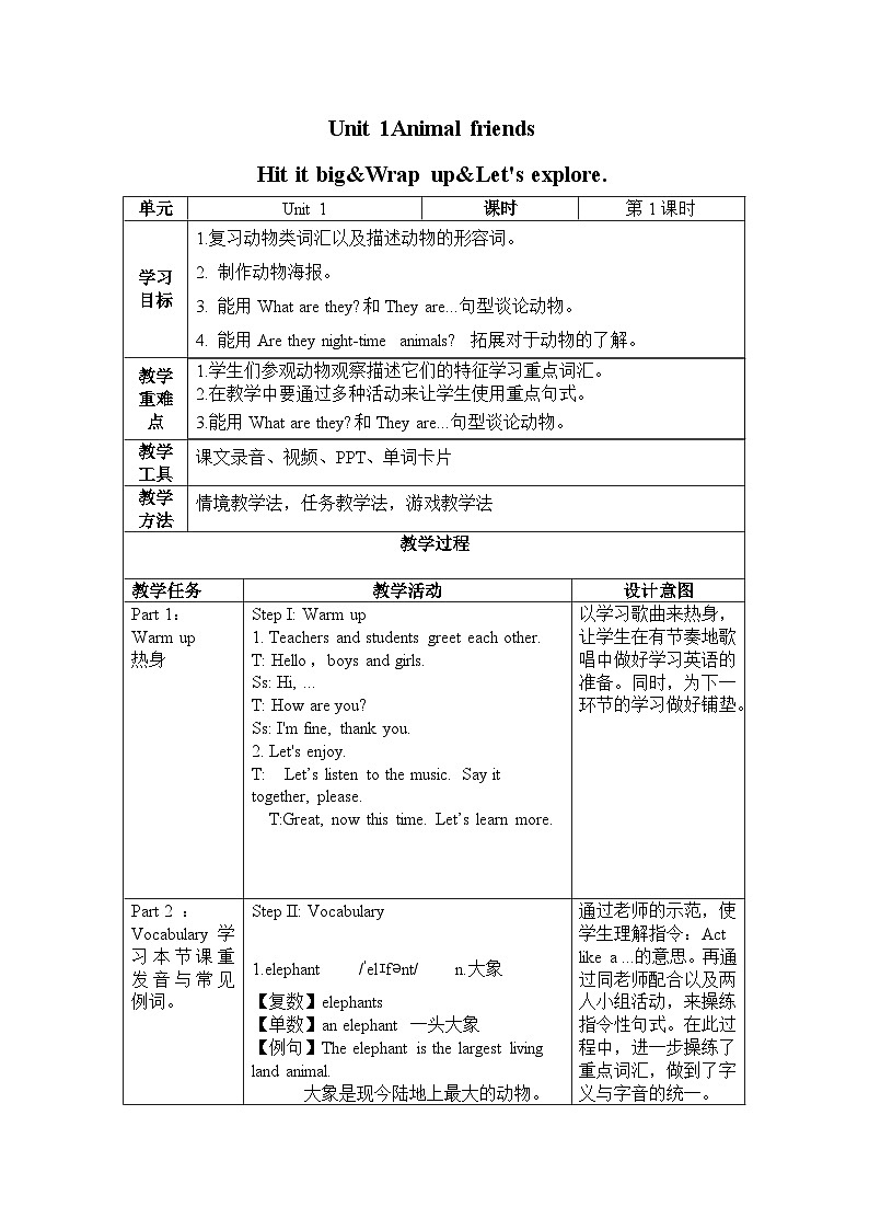 Unit 1 Animal friends Hit it big&Wrap up&Let's explore(（教案）第1页