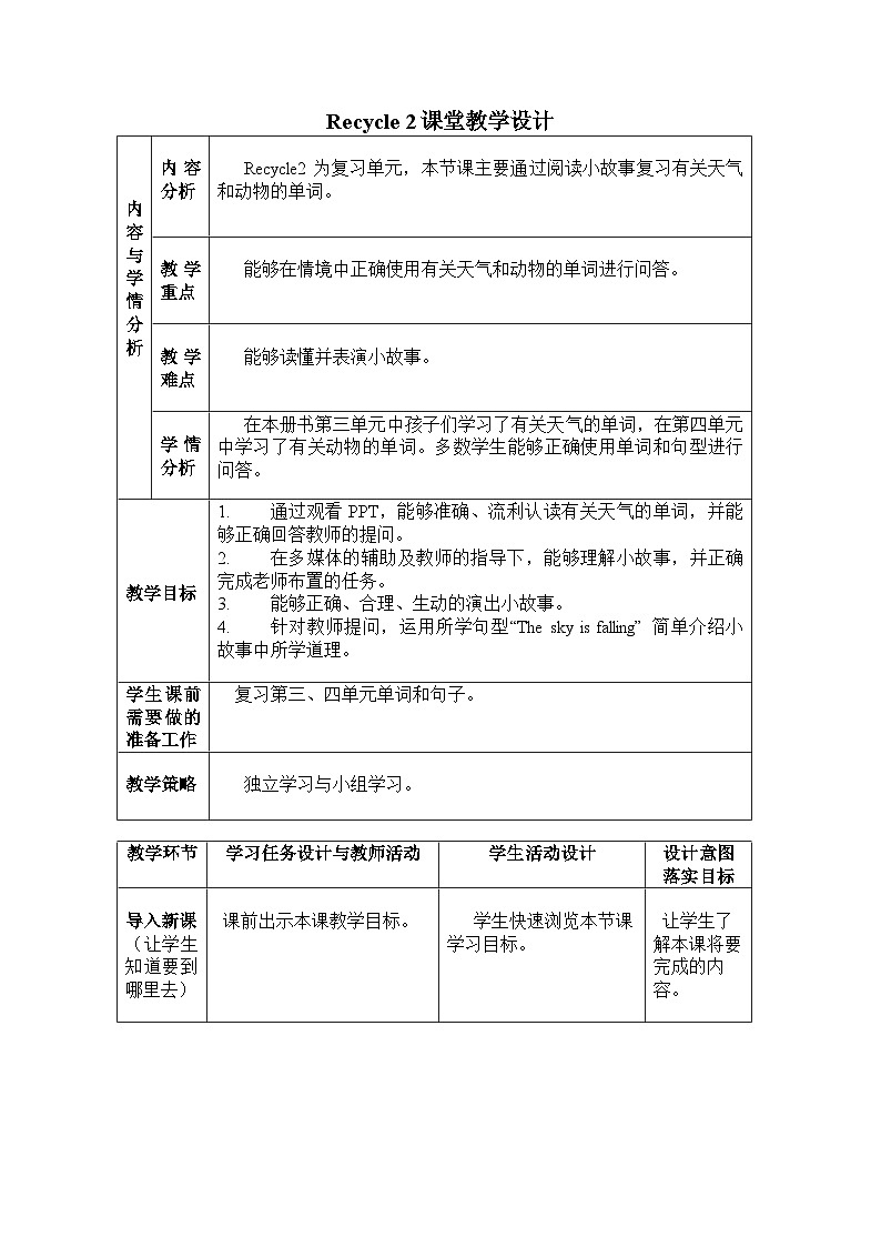 Recycle 2（教案）人教PEP版四年级英语下册第1页