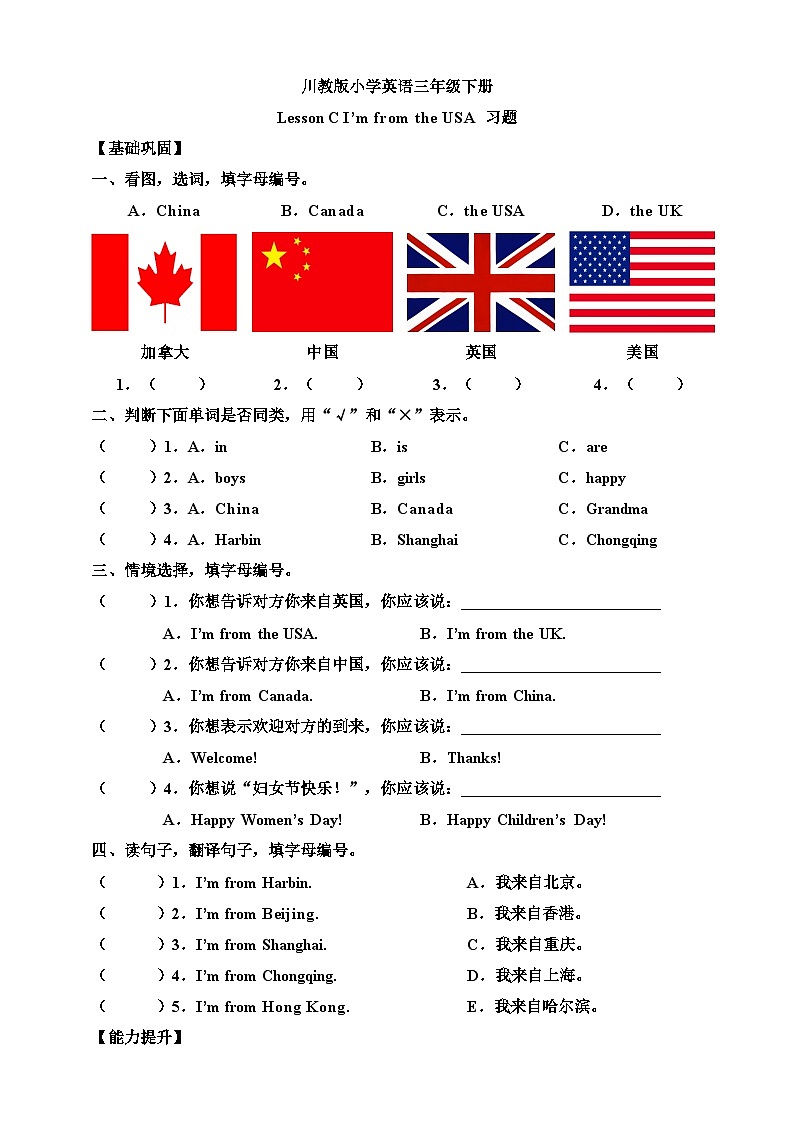 【核心素养】川教版英语三下 《Lesson C I'm from the USA 》分层练习（含答案）第1页