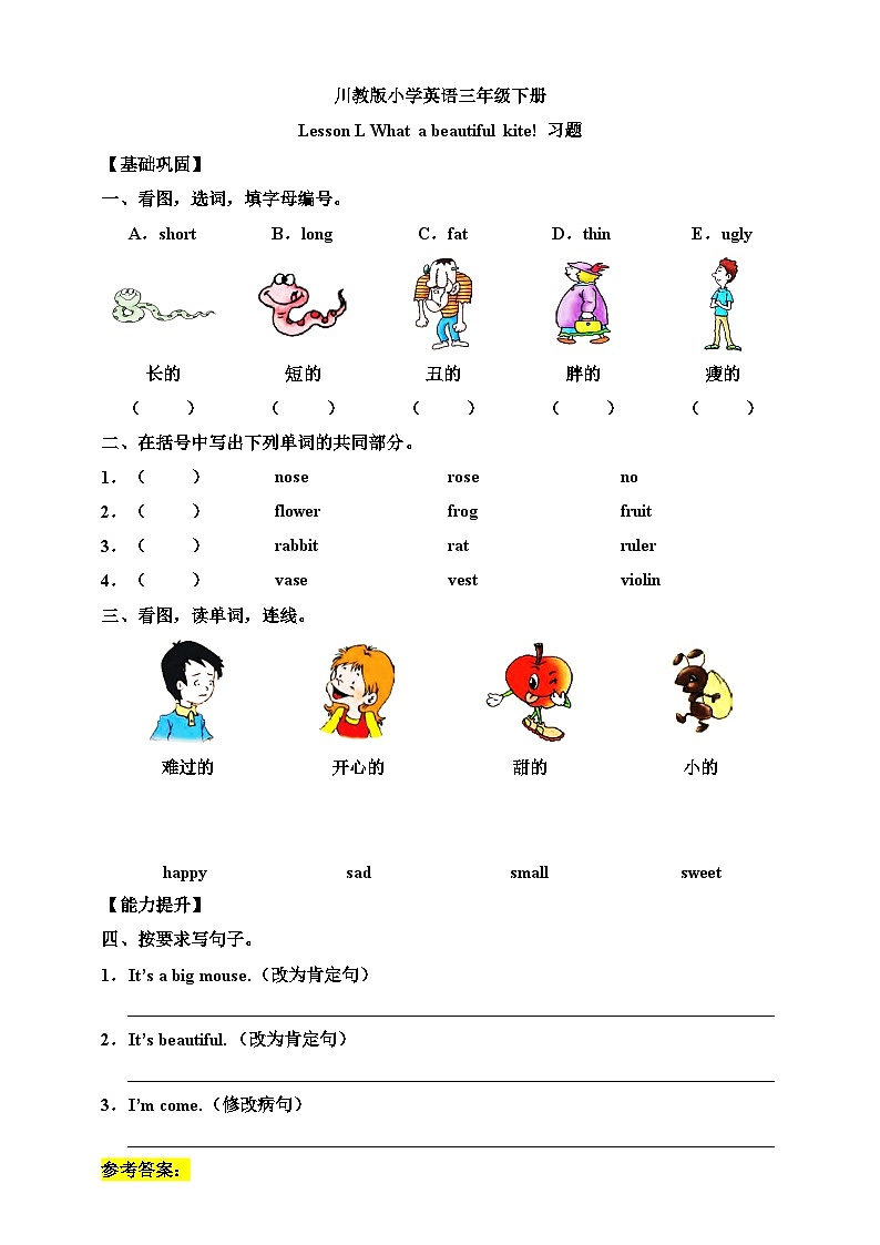 【核心素养】川教版英语三下 《Lesson L What a beautiful kite!》 分层练习（含答案）第1页