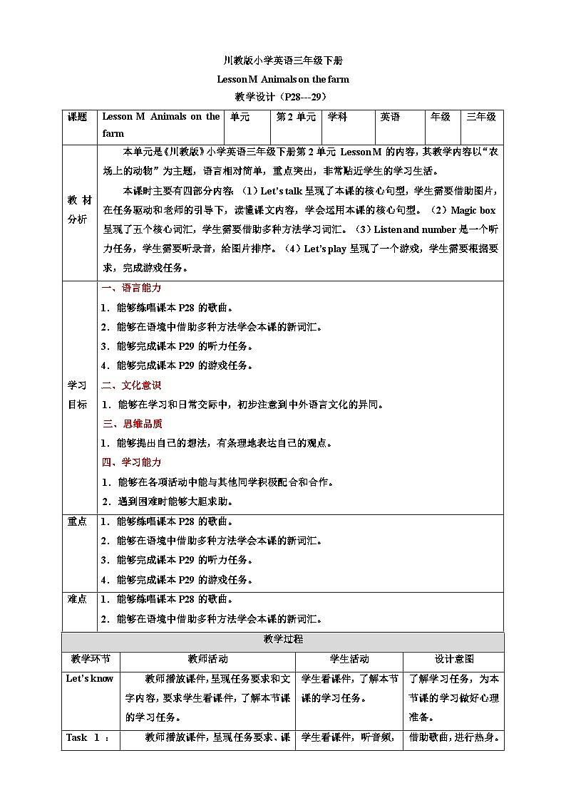 【核心素养】川教版英语三下 《Lesson M Animals on the farm》教案第1页
