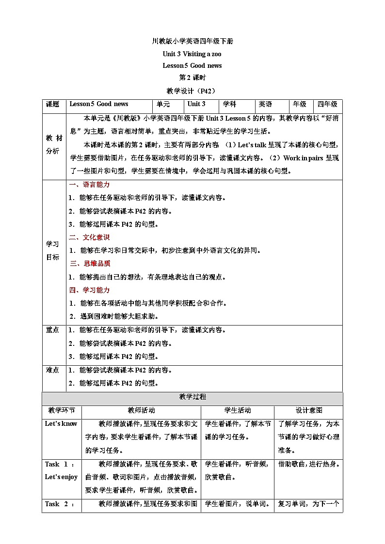 【核心素养】川教版英语四下 Unit 3 Lesson 5《Good news》第2课时 教案第1页