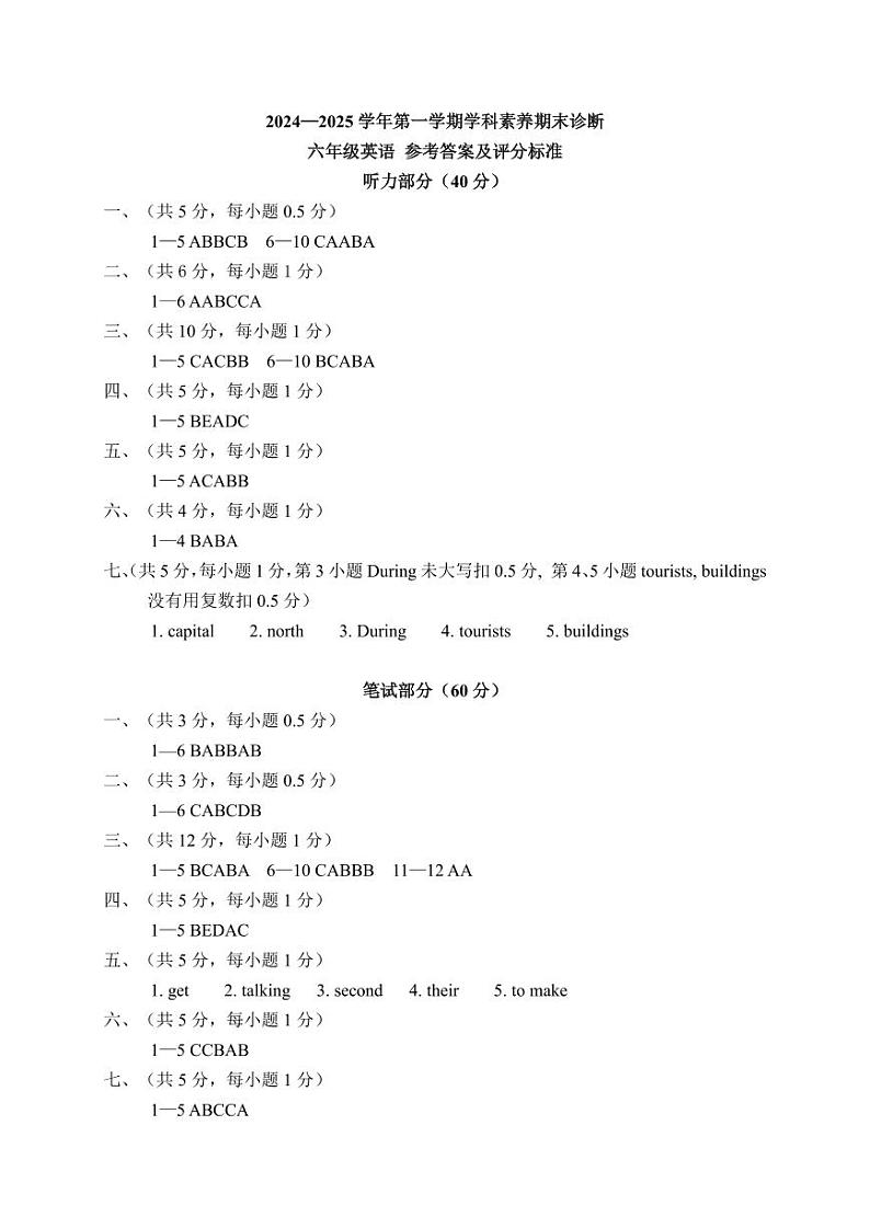 6年级英语期末诊断答案第1页