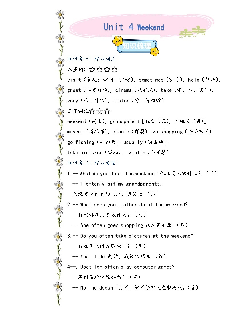 鲁科版（五四制）小学英语四年级下册Unit 4 Weekend 知识清单+单元测试（含答案，无听力原文，无音频）第1页