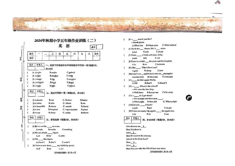 河南省南阳市新野县2024-2025年五年级上学期期末英语试题第1页
